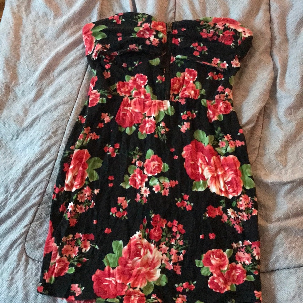 Rose print strapless mini dress